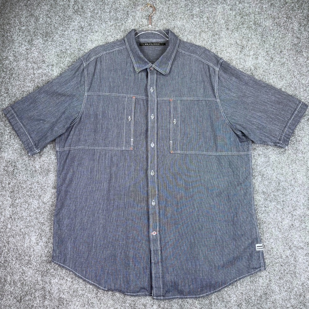 Sean John Mens 3XL Blue Micro Stripe Short Sleeve Button Down Shirt Cotton
